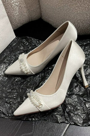 Women's Small Size White Satin Heel Pumps FS59