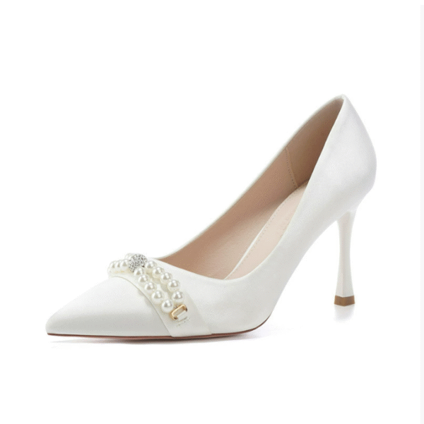 Women's Small Size White Satin Heel Pumps FS59 - Image 2